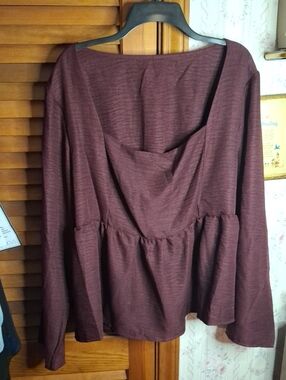 Long Sleeve Peplum Top Heather Burgundy New